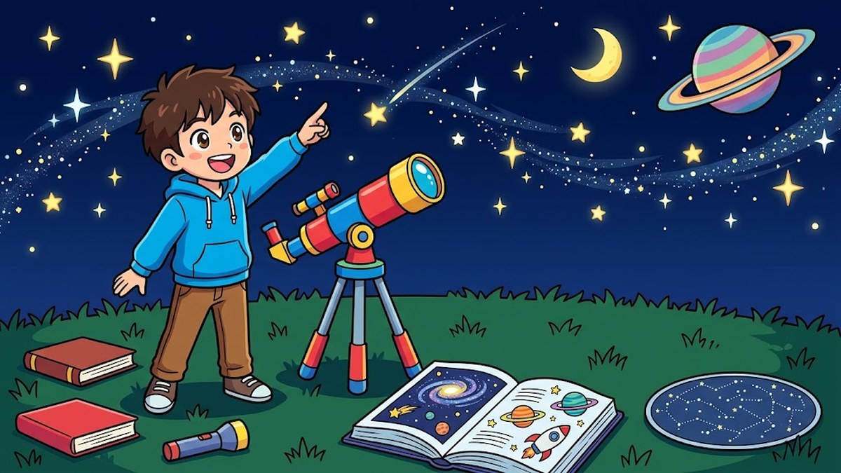 夜空を指さす男の子と、望遠鏡・宇宙の本・星座盤のようす