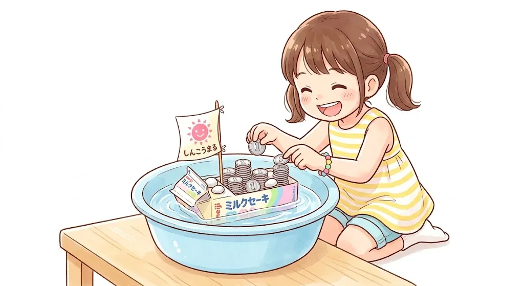 牛乳パックで船を作って浮かべる