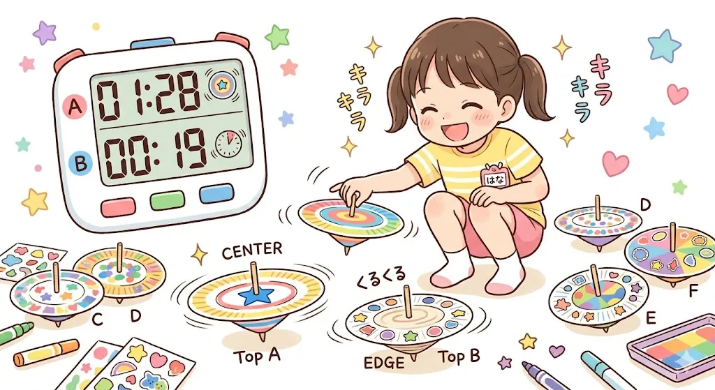 紙皿こまで回る時間を比べる