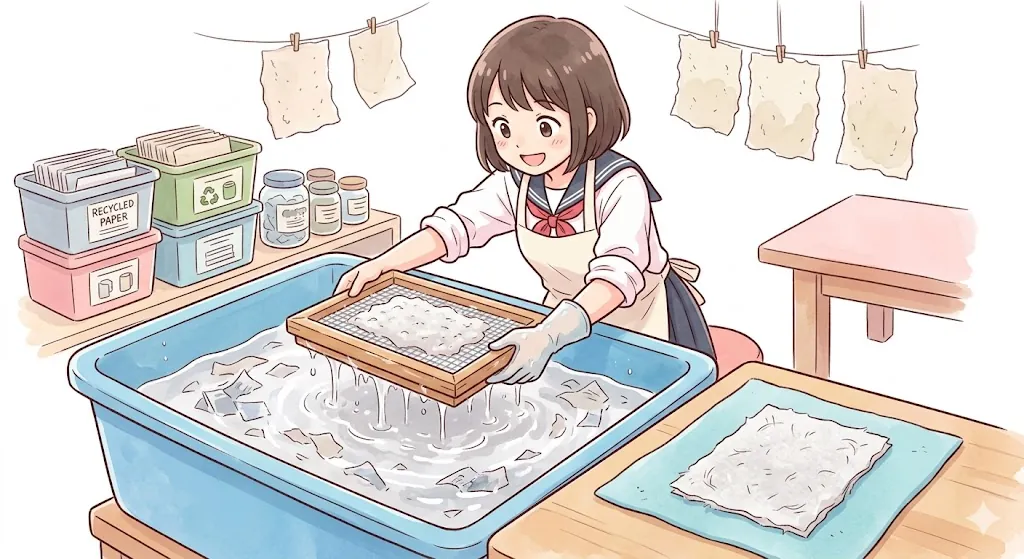 手作り紙すきで再生紙を作る