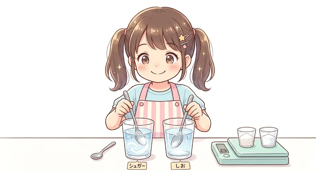砂糖と塩の溶け方を比べる