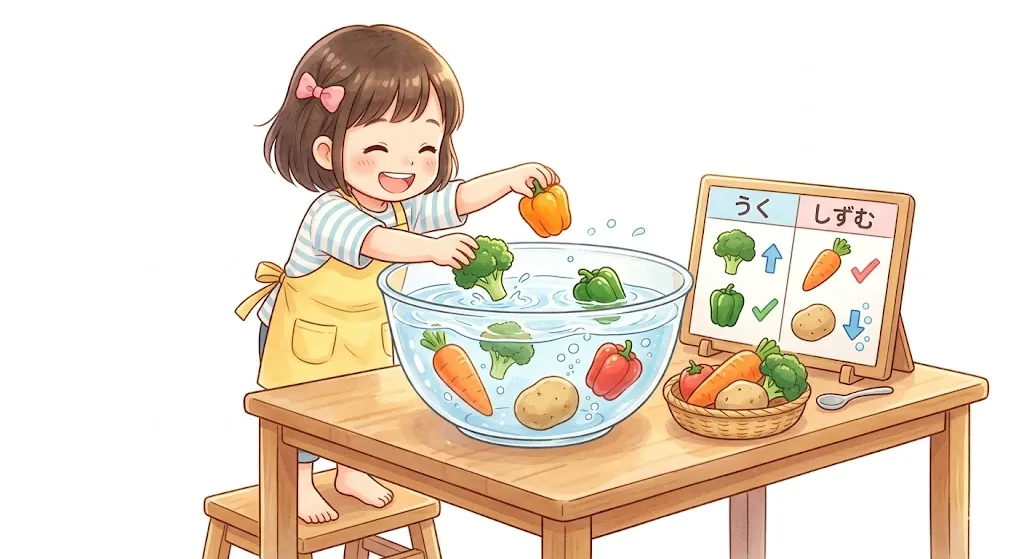 野菜の浮き沈みを調べる