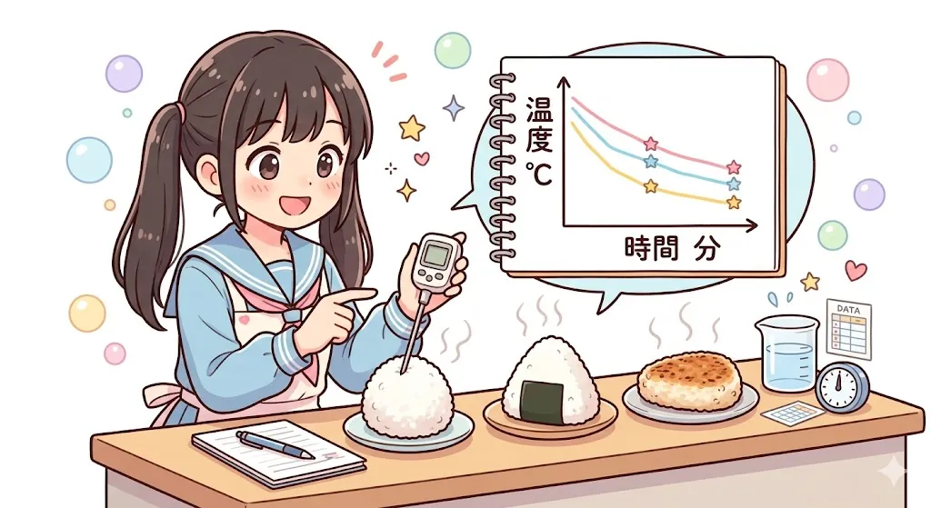 おにぎりの形と冷め方を比べる