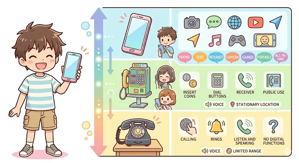 昔の電話と今のスマホを比べる