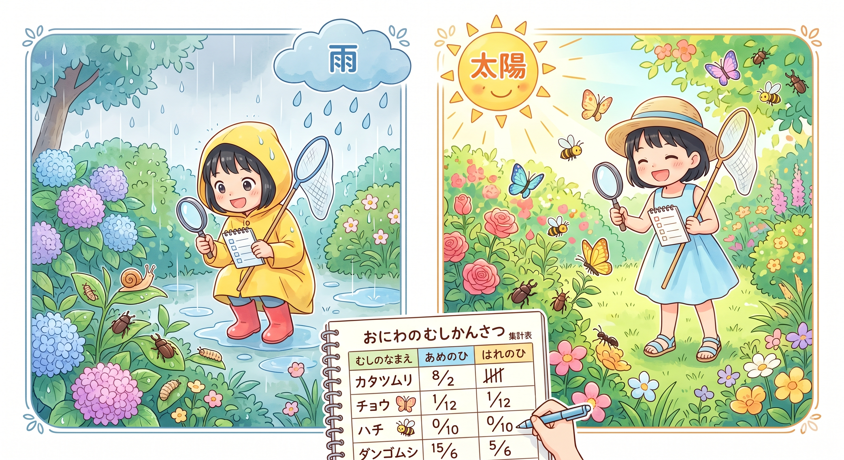 雨の日と晴れの日の虫の動きを比べる