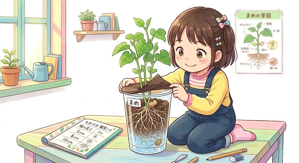 植物の根の伸び方を透明容器で観察する