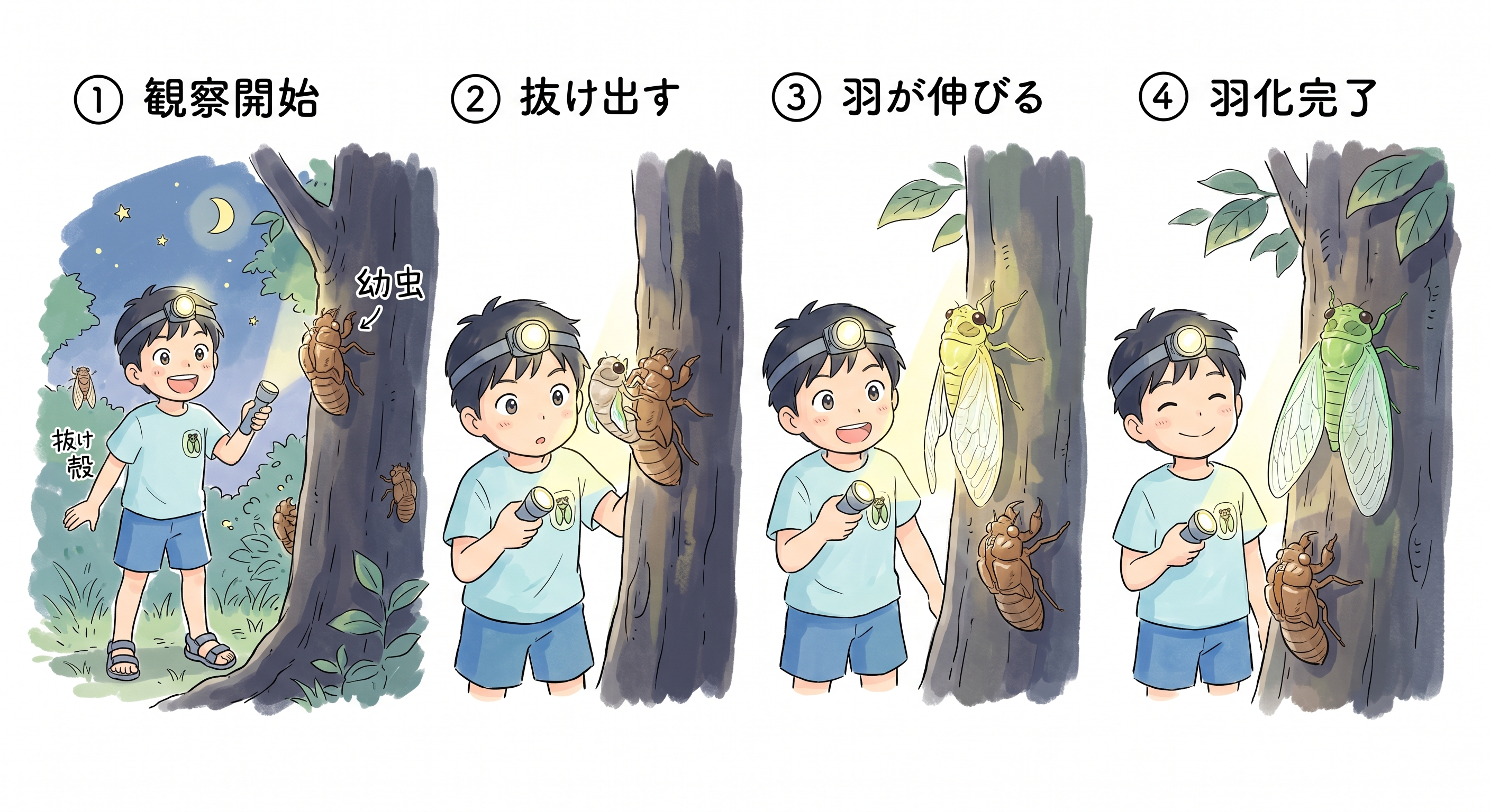 セミの羽化を夜通し観察して記録する
