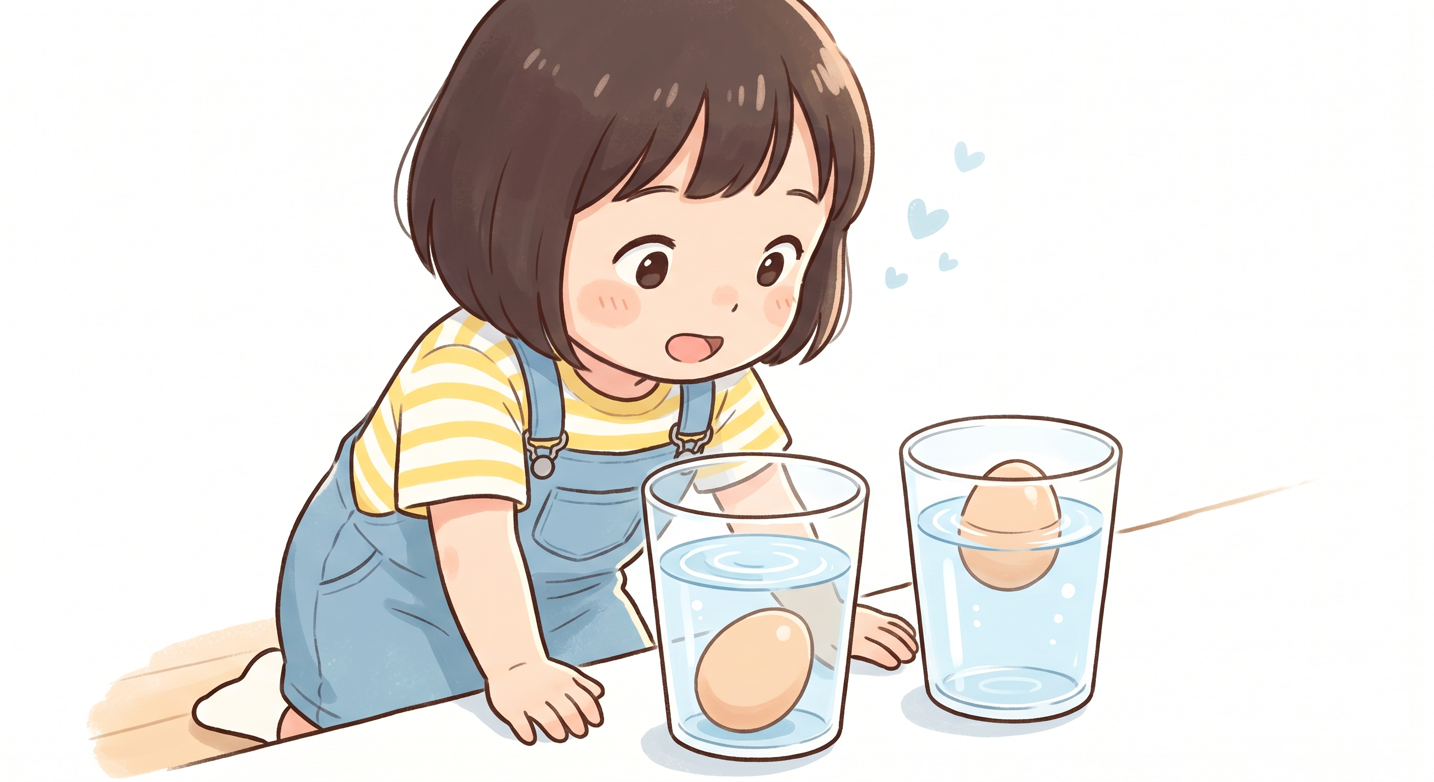 塩水と真水で卵の浮き方を比べる