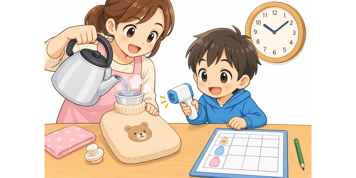 湯たんぽの温度が下がる速さを記録する