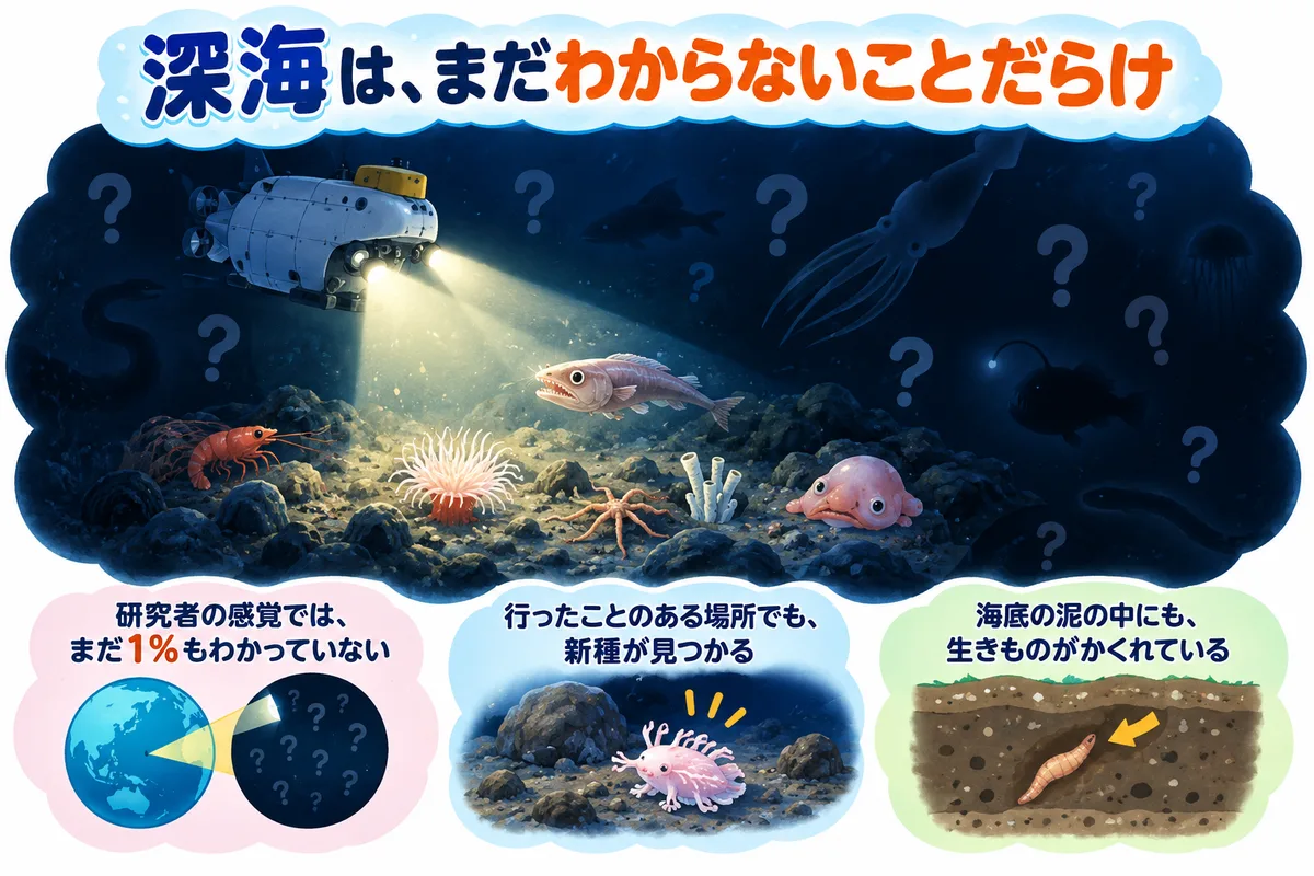 広い深海のほとんどが暗くかくれていて、ライトの届くほんの一部だけが見えている図解