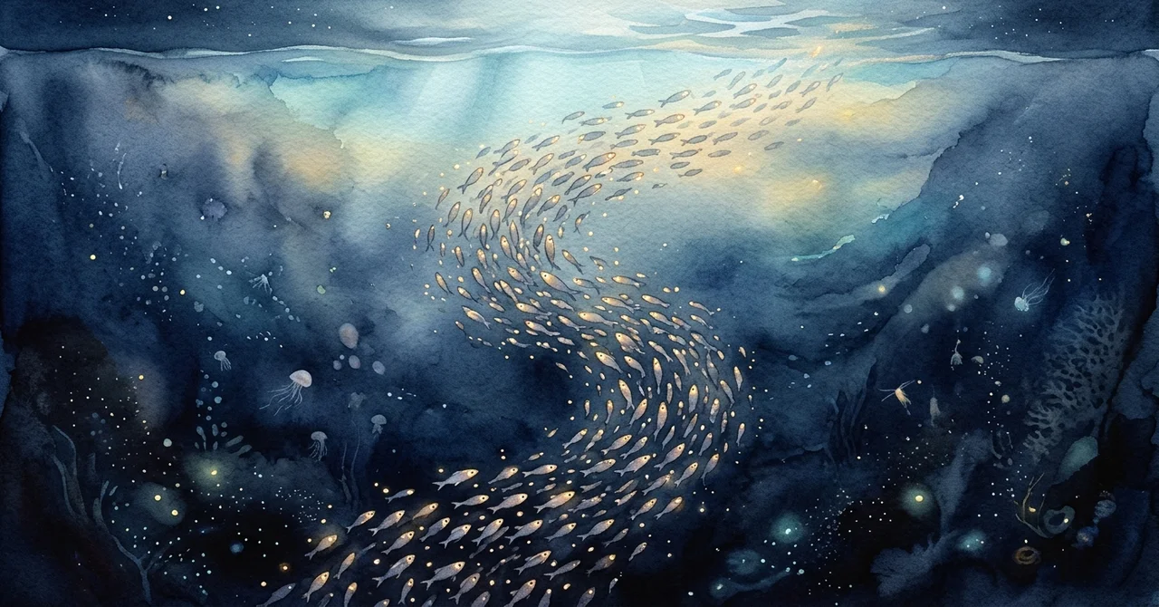 深海魚が昼は深海にとどまり、夜に海面近くへ上がってくる日周鉛直回遊の図解