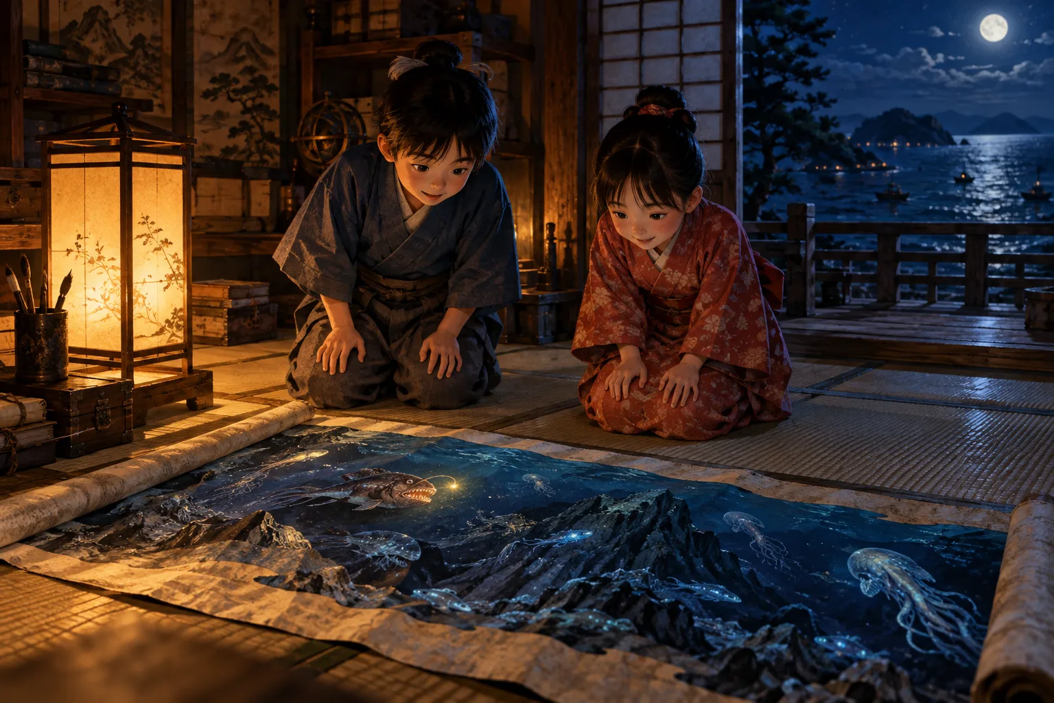 夜の寺子屋で、子ども二人が床に広げた深海の絵巻をのぞきこんでいる情景