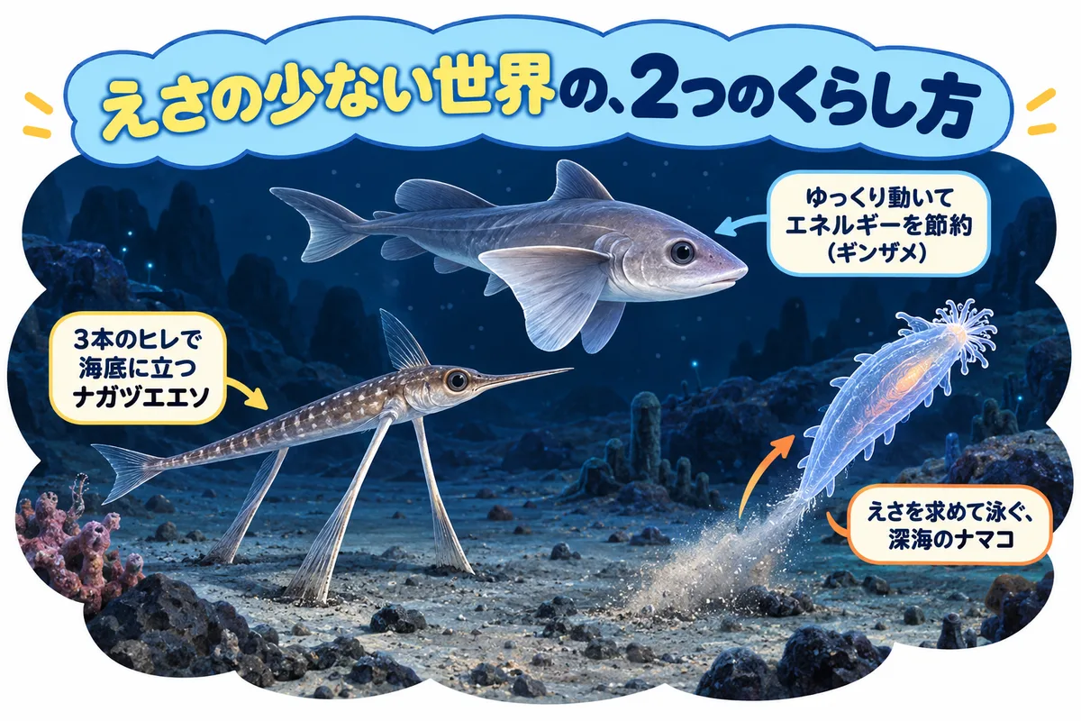深海の海底で、ゆっくり泳ぐギンザメ、3本のヒレで立つナガヅエエソ、泳ぐナマコの図解