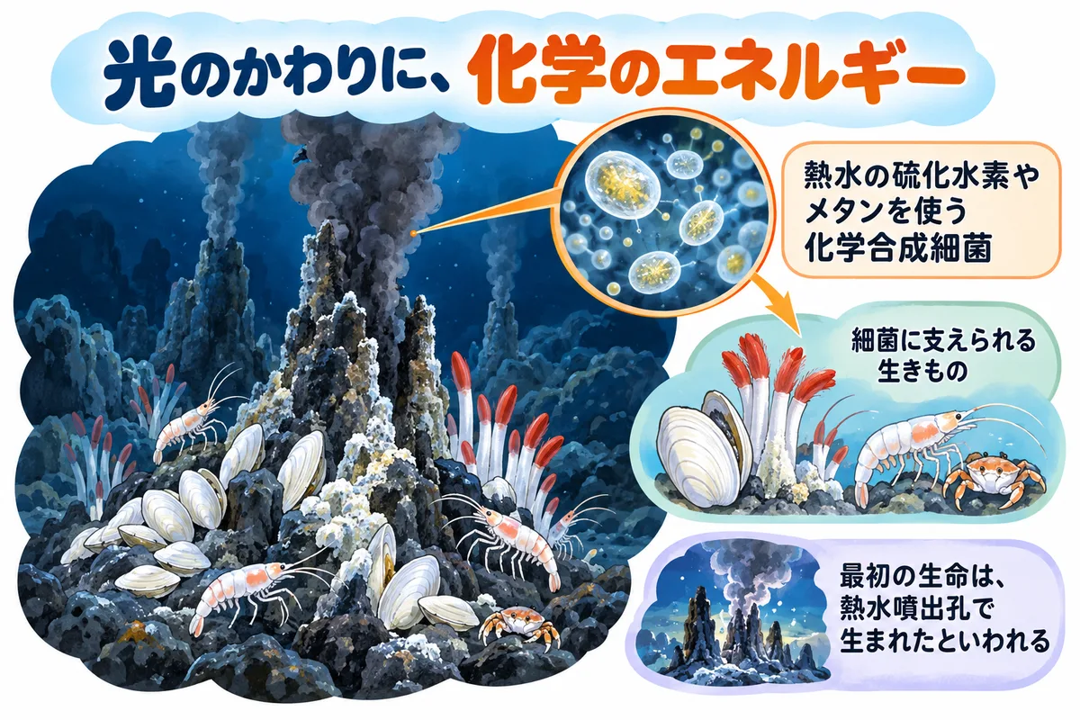 海底の熱水噴出孔のまわりに集まる生きものと、化学合成細菌がエネルギーをつくる流れの図解