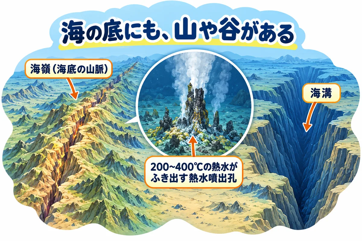 海底の山脈（海嶺）と深い谷（海溝）、熱水をふき出す煙突のようなチムニーの図解
