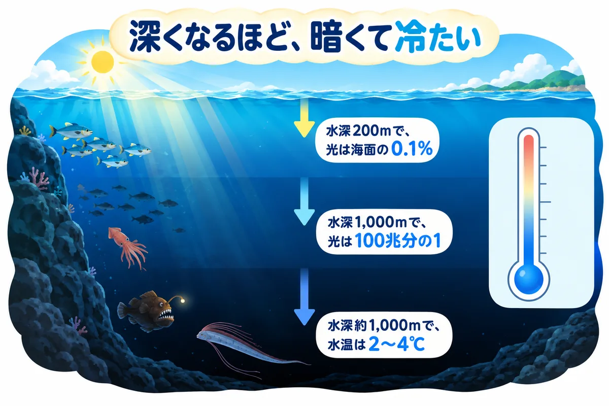 深くなるほど暗くなる海の断面と、水深ごとの光の量と水温の図解