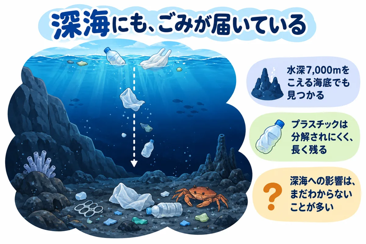 深い海の底に沈んだポリ袋やごみと、そのまわりにいる深海の生きものの図解