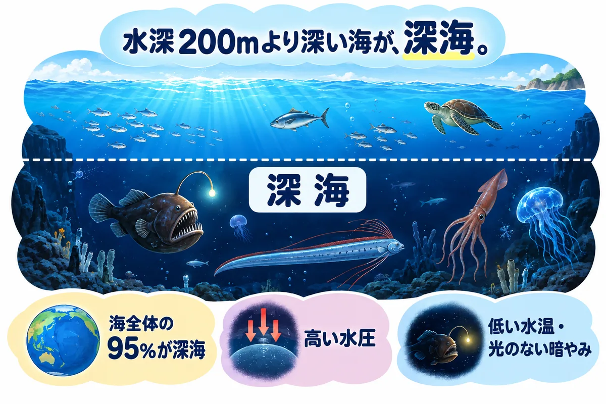 海面から深海までの断面と、水深200mの線、高圧・低温・暗黒を表す図解