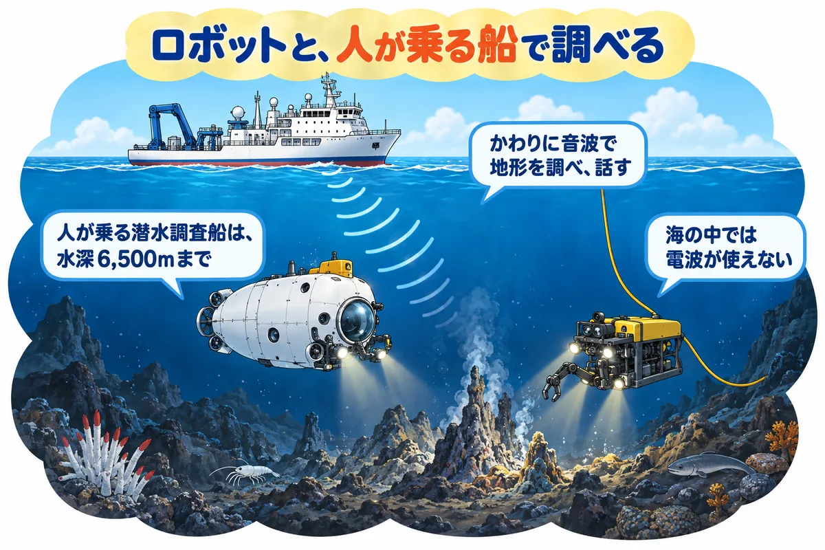 海の中を潜る有人潜水調査船と無人探査機、海上の船と音波の図解