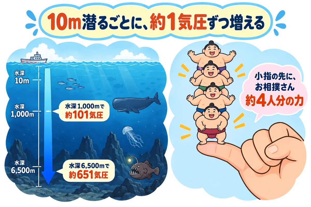 海の深さごとに増える水圧と、小指の先にお相撲さん4人が乗るたとえの図解
