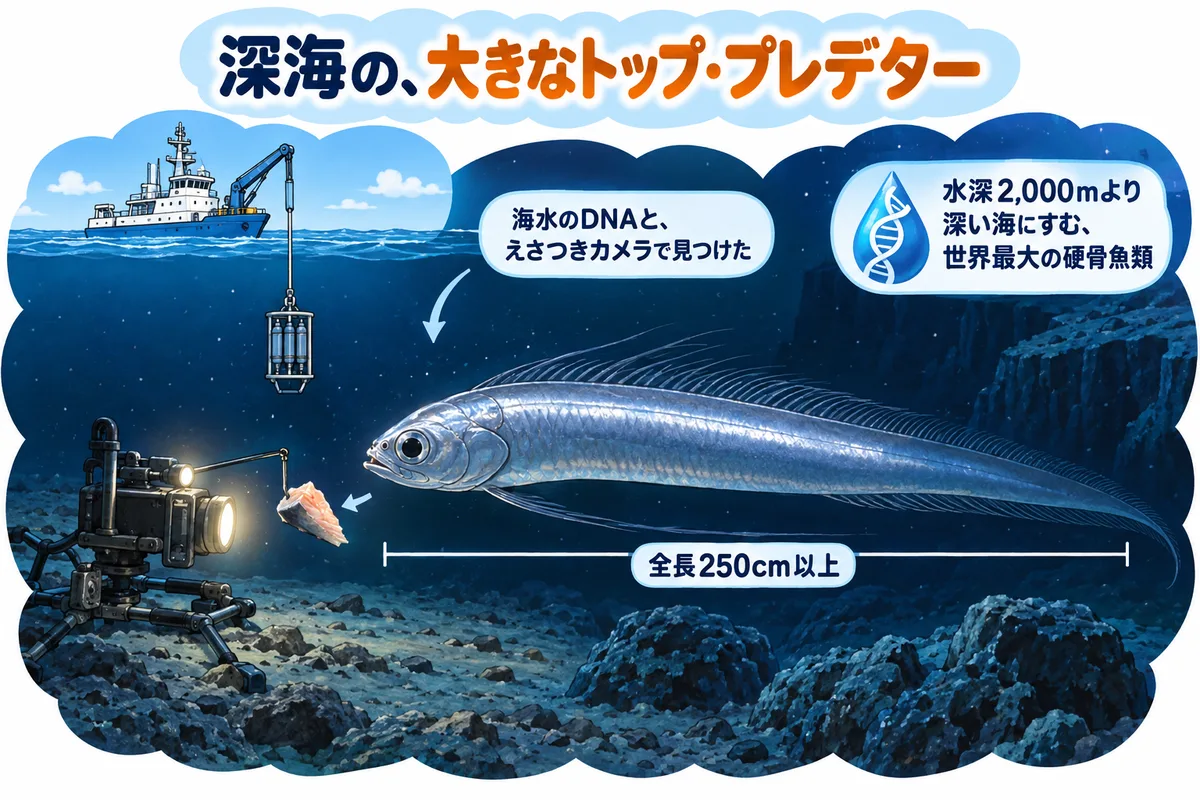 深い海の底でえさに集まる大きなヨコヅナイワシと、海の上の調査船、カメラの図解
