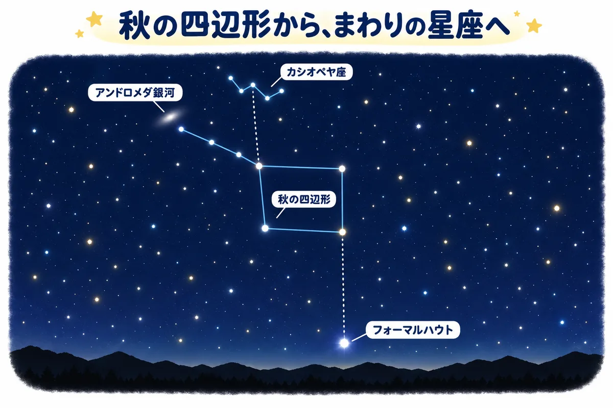 秋の四辺形から、南のフォーマルハウト、北東のアンドロメダ座、北のカシオペヤ座へたどる星図