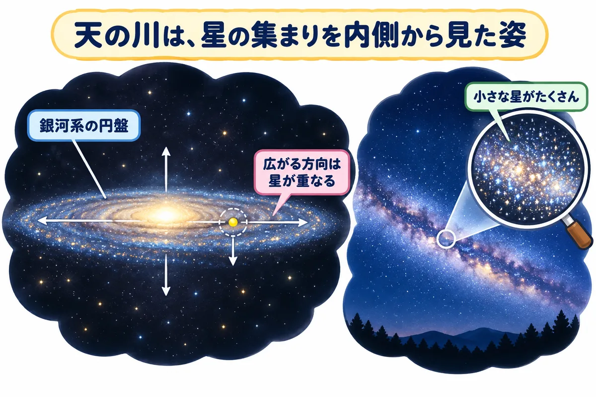 円盤の形をした銀河系の中にいる地球から、円盤の方向を見ると星が帯のように重なって見えるしくみの図解