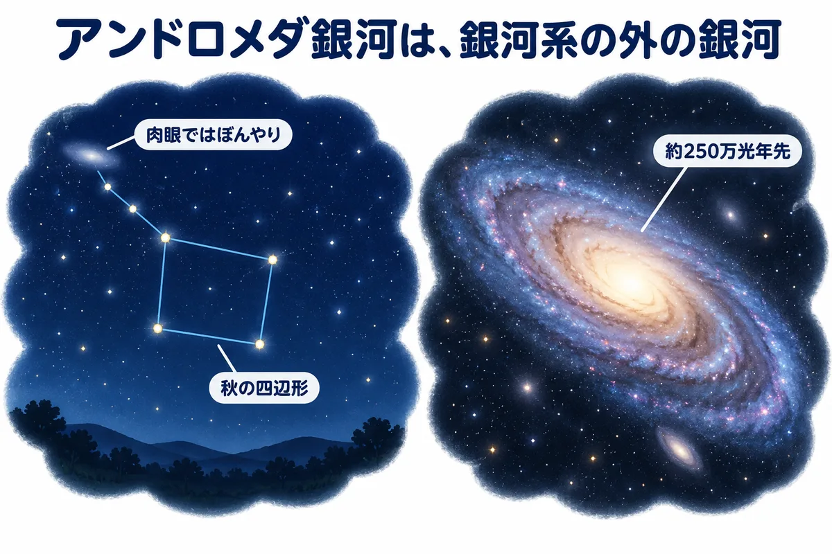 秋の夜空のアンドロメダ座の中に、ぼんやりとした楕円の光として見えるアンドロメダ銀河の図解