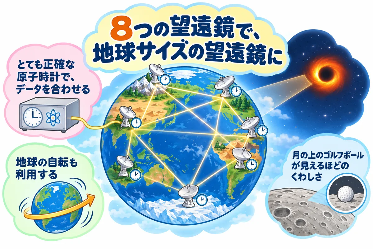 地球の表面の電波望遠鏡を光の線でつなぎ、遠くのブラックホールの影を観測する図解