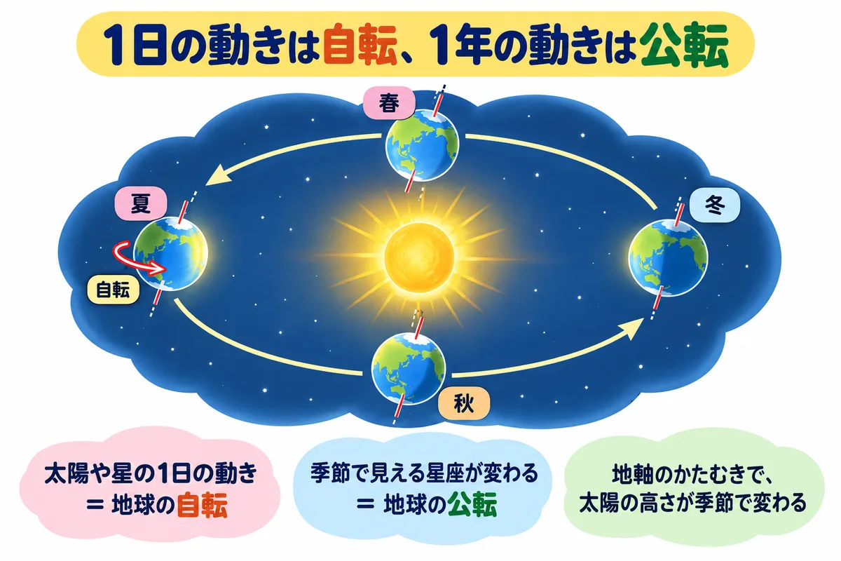 太陽のまわりを回る四季の地球と、地軸の傾き、自転と公転の矢印の図解