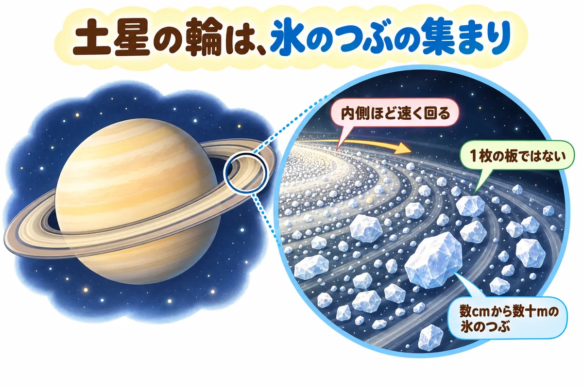 土星と輪の図解。輪を近くで見ると、大きさのちがう氷のつぶがたくさん並んで回っている