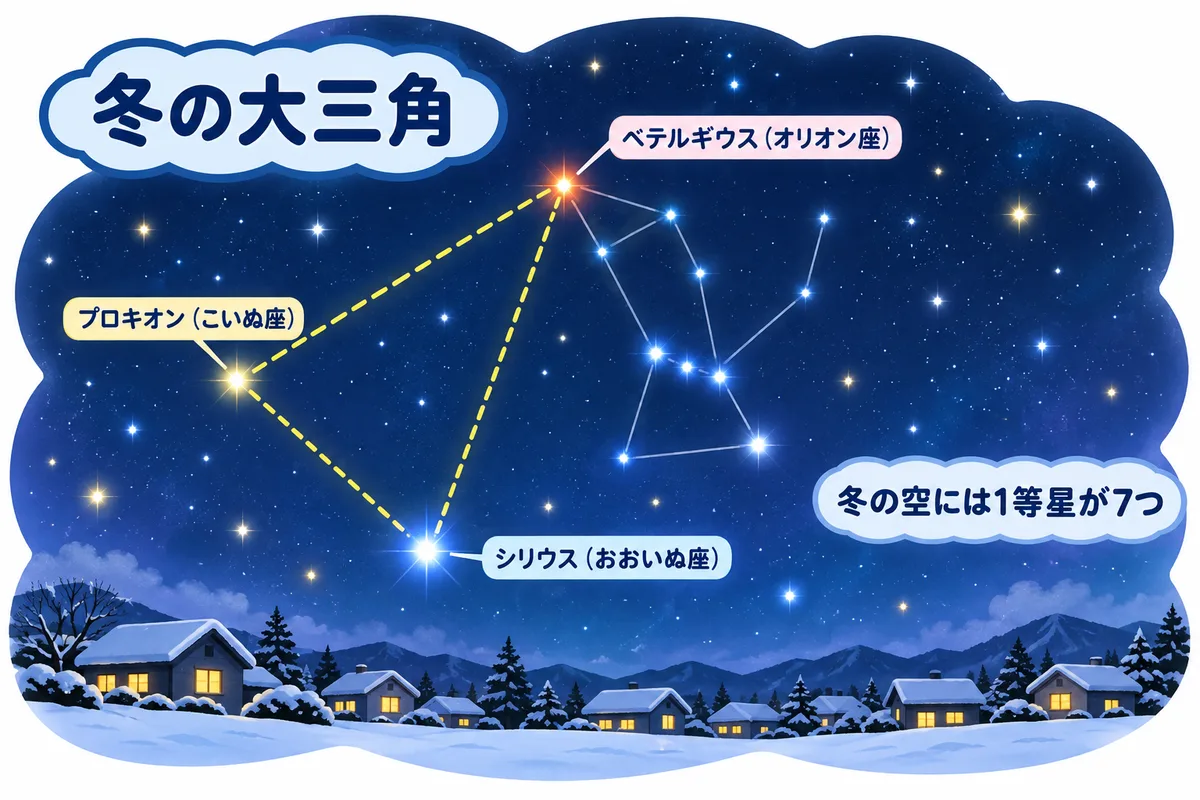 冬の夜空に、ベテルギウス・シリウス・プロキオンを結んだ三角形と、オリオン座