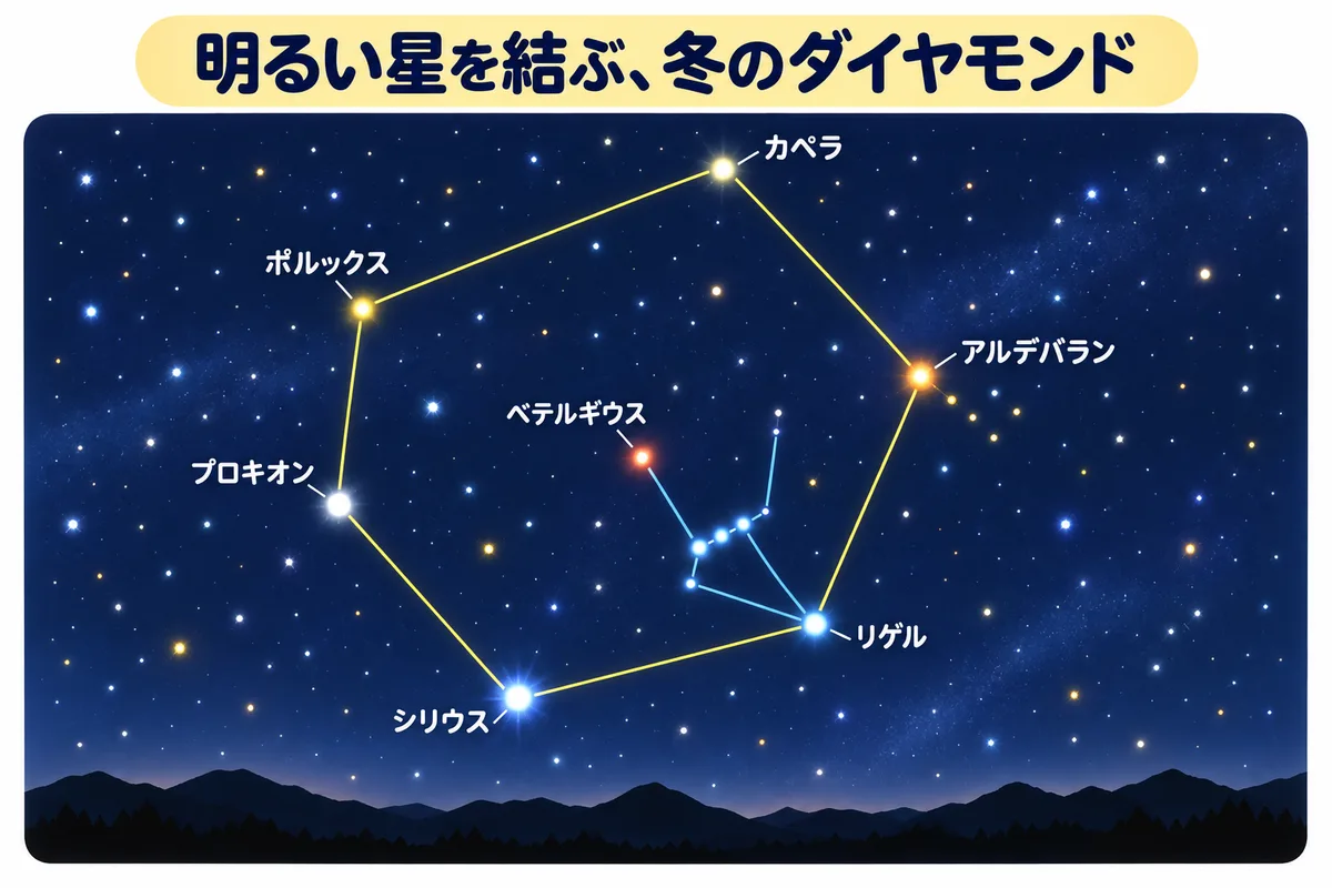 シリウス、プロキオン、ポルックス、カペラ、アルデバラン、リゲルを結ぶ冬のダイヤモンドと、中のベテルギウスをえがいた星図