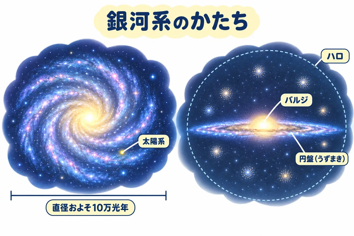 うずまきの円盤、中心のふくらんだバルジ、全体をつつむハロと、太陽系の位置を示した銀河系の図解