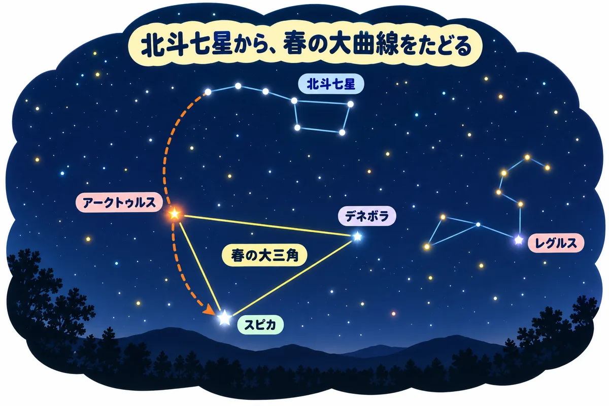 北斗七星の柄のカーブを延ばしてアークトゥルス、スピカへたどる春の大曲線と、デネボラを結ぶ春の大三角の星図