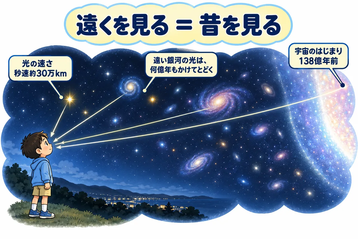 夜空を見上げる子どもに、近い星と遠い銀河から光が届いている図解