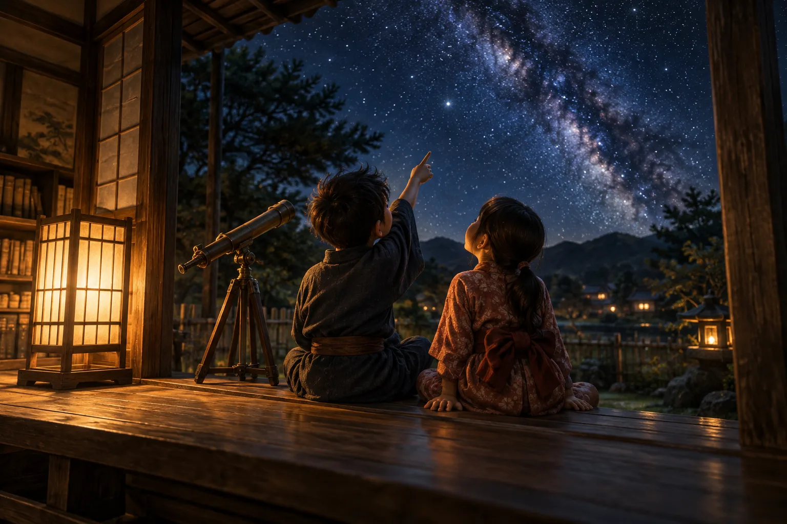 夜の寺子屋の縁側で、子ども二人が満天の星空を見上げている情景