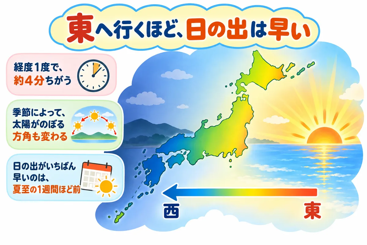 東の海からのぼる朝日と、東から西へ明るくなっていく日本列島の図解