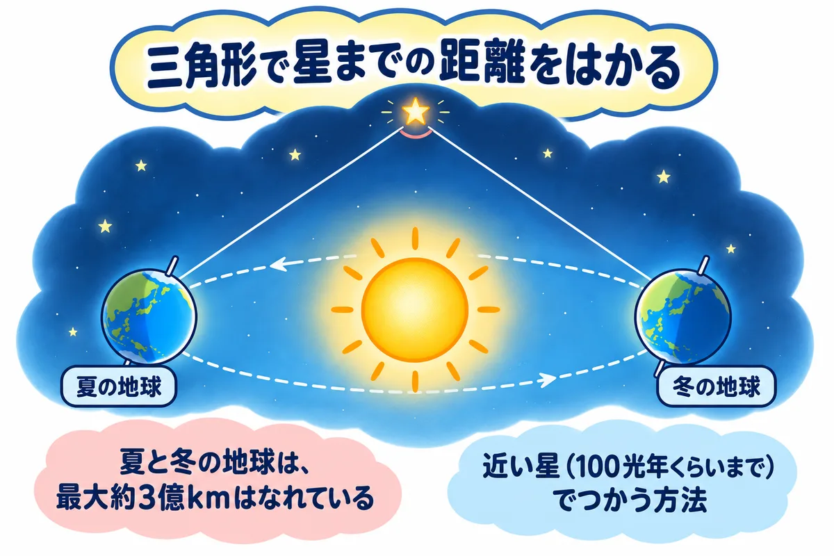 太陽のまわりの夏の地球と冬の地球から、近い星へ線を引いて三角形をつくる図解