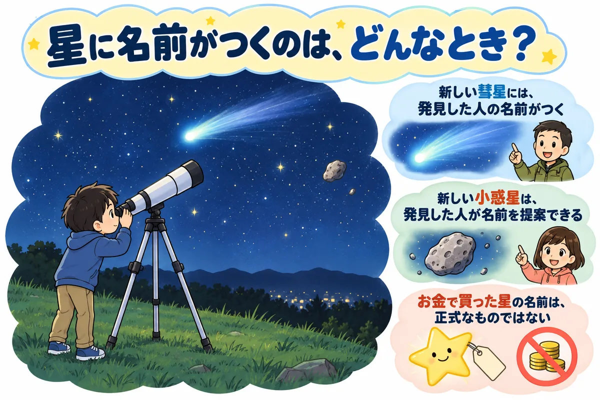 夜の野原で天体望遠鏡をのぞく子どもと、夜空の彗星と小惑星の図解