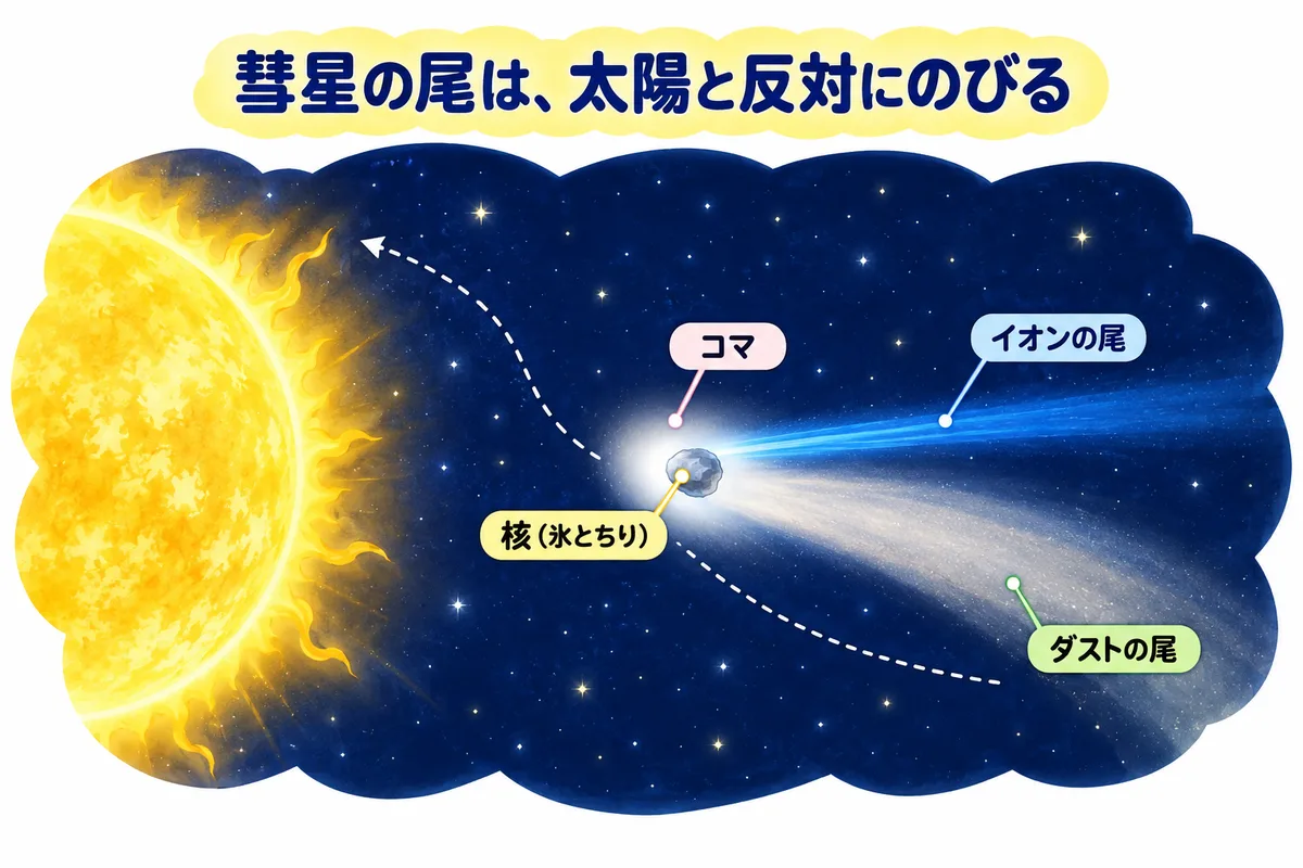 太陽に近づいた彗星の核とコマ、太陽と反対向きにのびるイオンの尾と、幅の広いダストの尾の図解