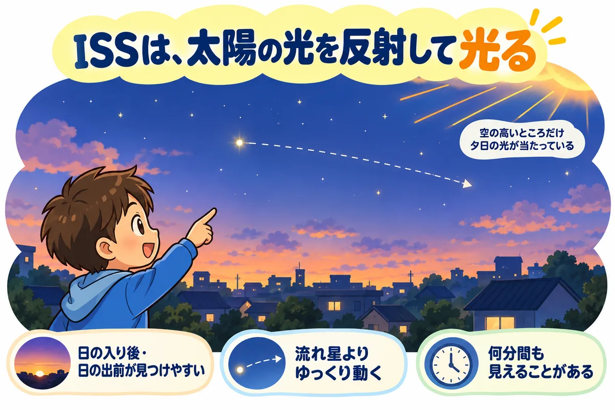 夕方の空を横切る明るい光の点を、町の屋根の上に指さす子どもの図解