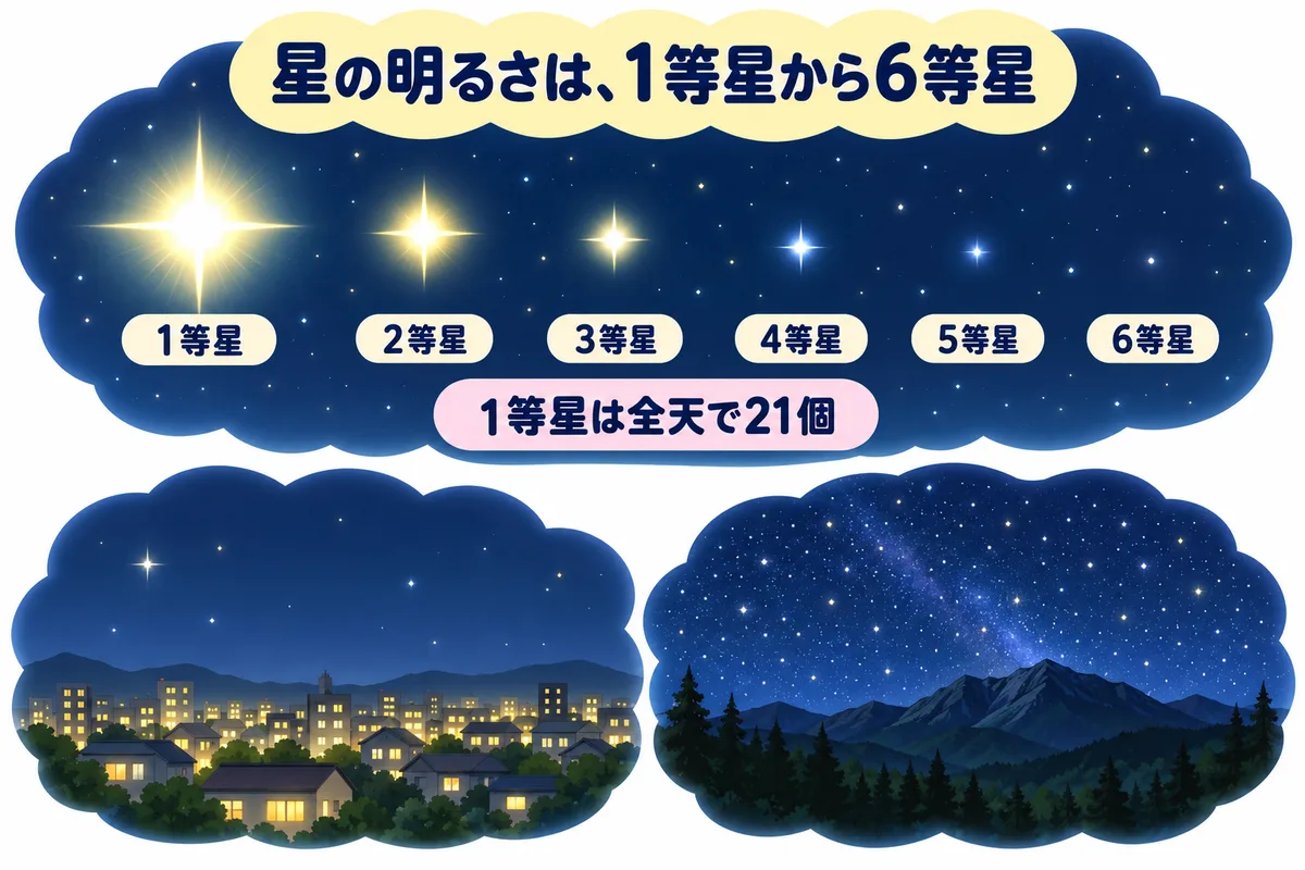 明るい1等星から暗い6等星まで、星の大きさで明るさの順を表した図解