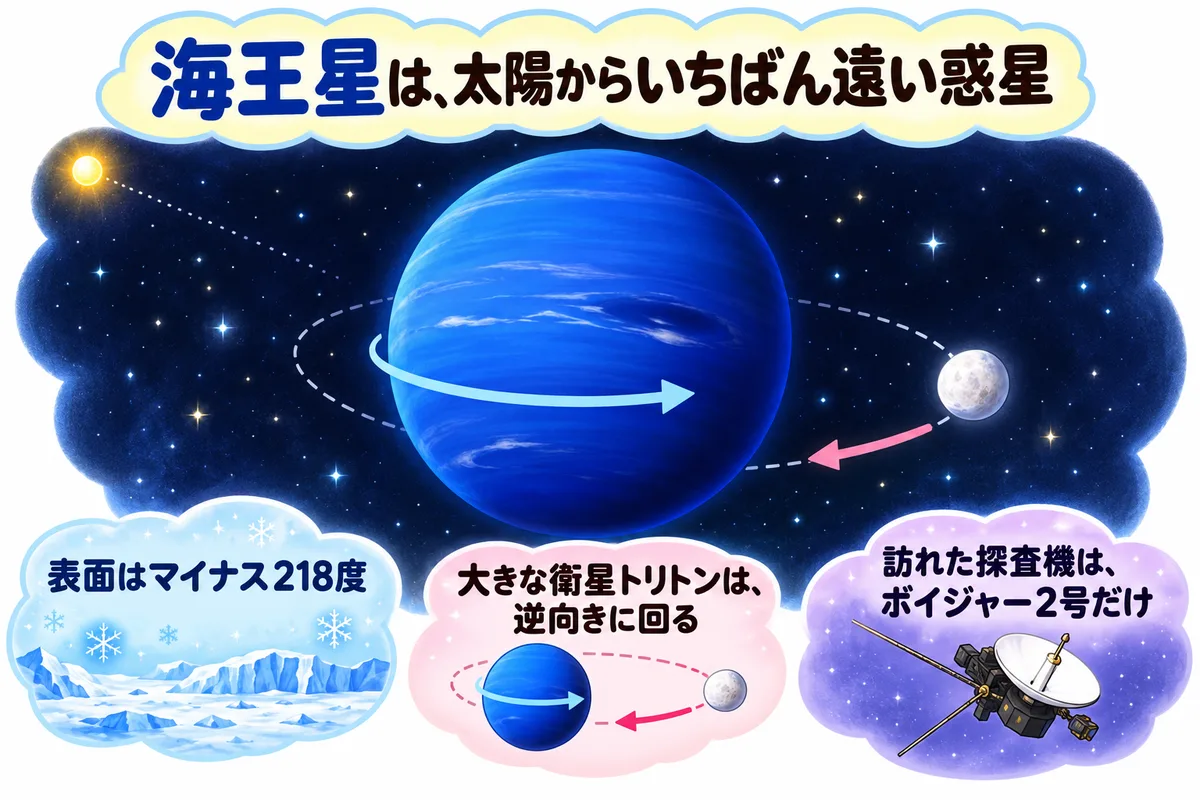 青い海王星と、逆向きに回る大きな衛星トリトンの図解