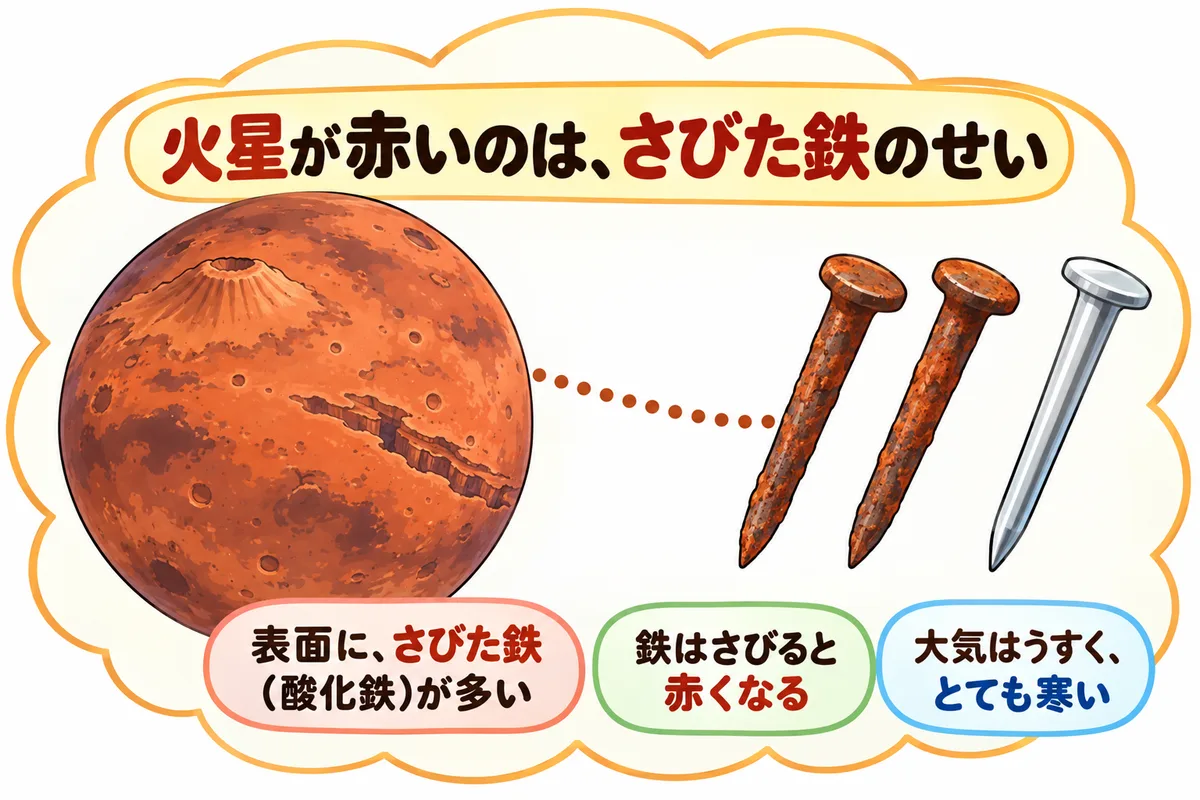 赤い火星の表面と、さびた鉄のくぎをならべた図解