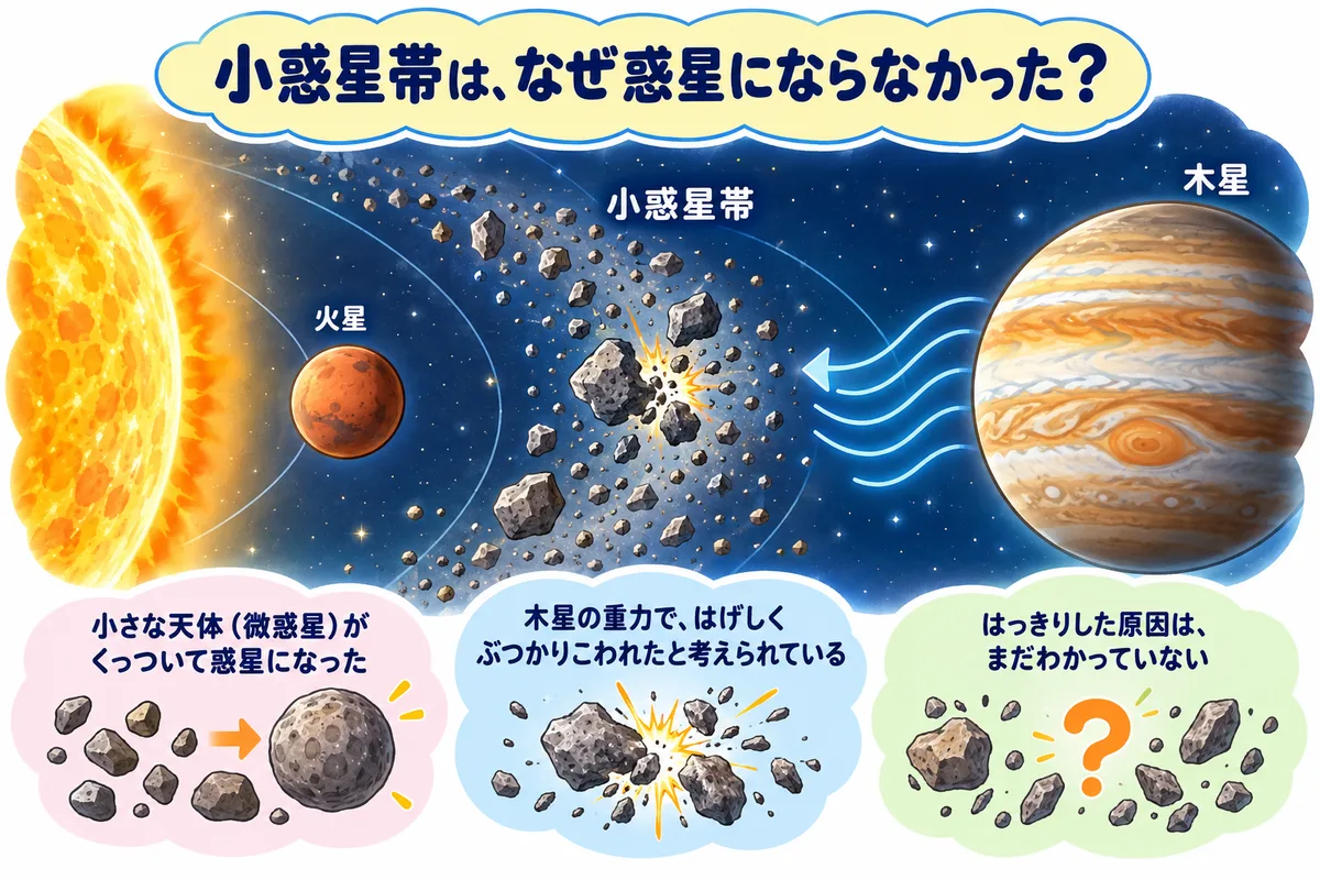 火星と木星の間の小惑星帯で、岩のかたまりがぶつかって砕ける様子と、木星の重力の図解