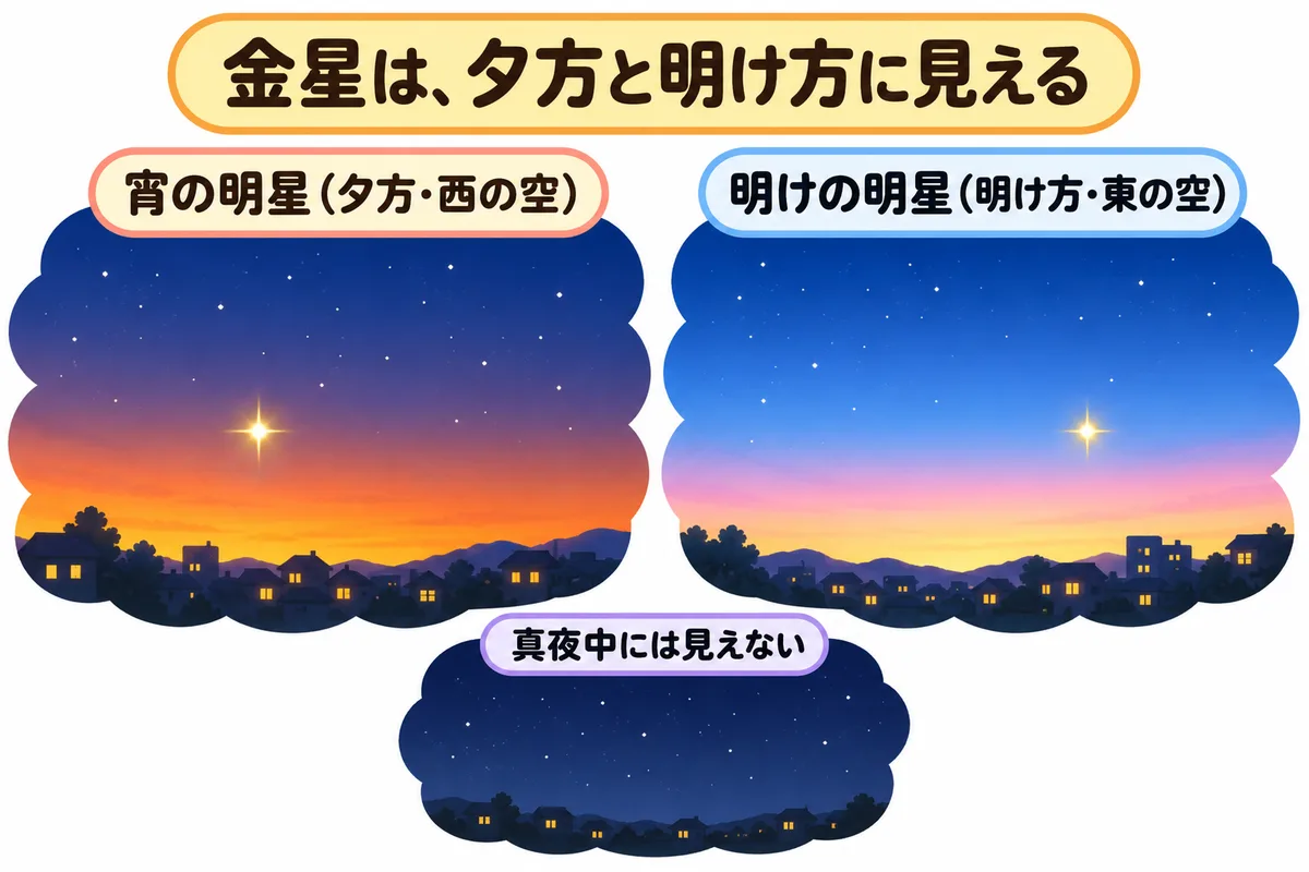 夕方の西の空と明け方の東の空に、明るく光る金星をならべた図解