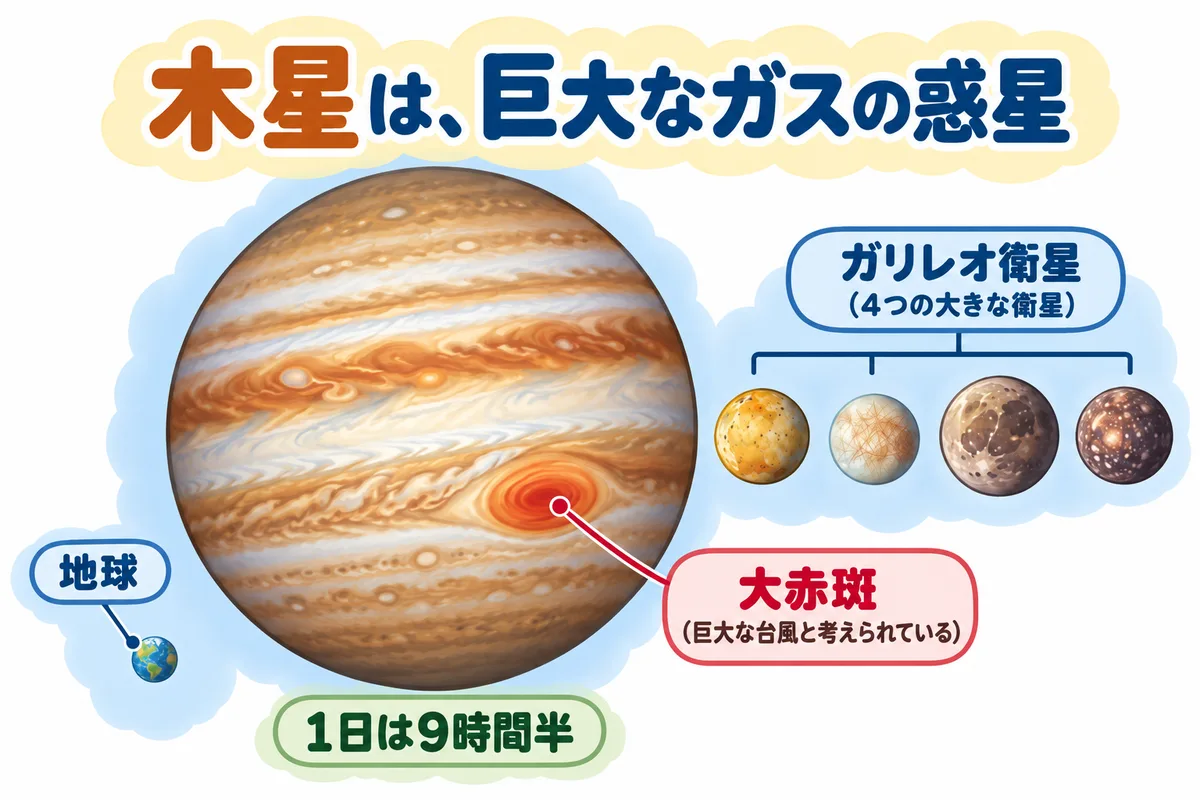 しま模様の木星と、表面の大きな赤いうず(大赤斑)、まわりを回る4つの大きな衛星の図解