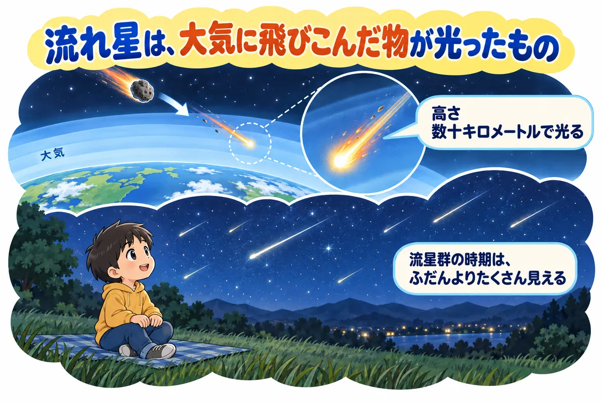 野原で夜空を見上げる子どもと、大気に飛びこんで光るすじになる粒の図解