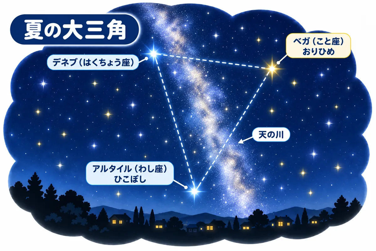夏の夜空に、ベガ・アルタイル・デネブを結んだ大きな三角形と、その間を流れる天の川